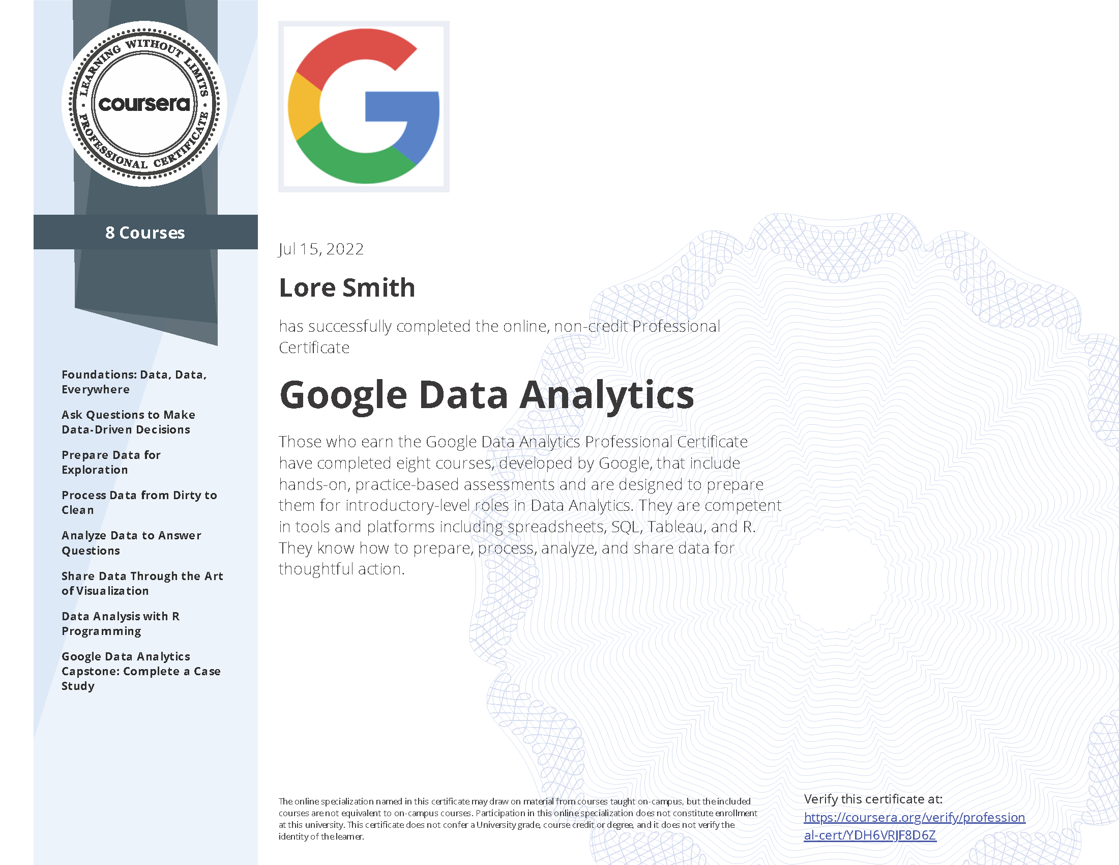 A certificate for the Google Data Analytics Professional Certification for Lore Smith.