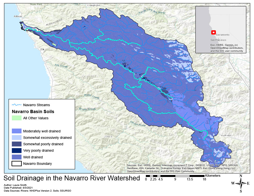a map of the Navarro river system, including tributaries, color coded to show soil drainage.